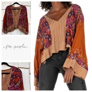 Free People Rust Floral Mixed Print V-Neck Bell Sleeve Cropped Boho Blouse XS